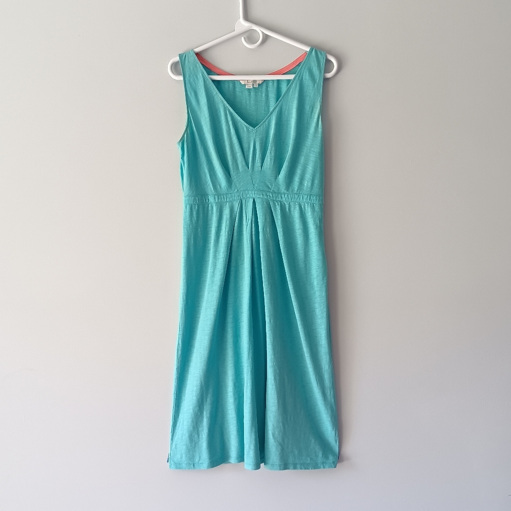 Boden Cotton Sleeveless A-Line V-Neck Dress Relaxed Pleats Aqua Blue Size 6 L
